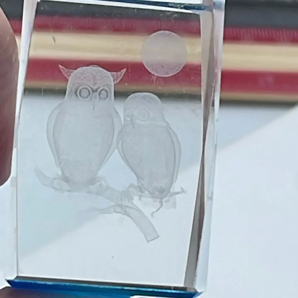 Decorative 3D laser-etched two owls on a branch moon crystal cube paperweight.